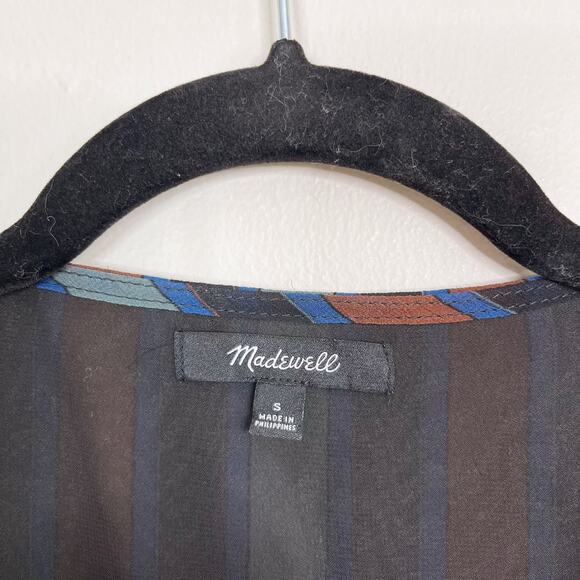 Madewell Sheer Sleeve Top in Academy Stripe Small Black Blue Green Copper Blouse - Picture 6 of 10